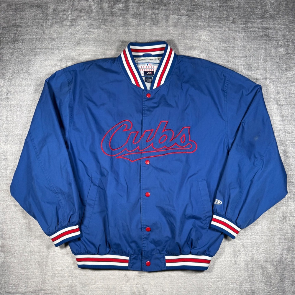 Chicago Cubs Jacket Mens Large Blue Vintage Windbreaker Pro Player MLB Dugout